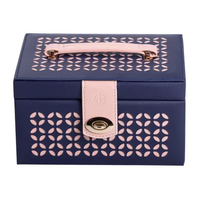 Кейс-шкатулка для украшений на кнопке 22,5х15,5х13 см из экокожи, синий Кейс-шкатулка для украшений на кнопке 22,5х15,5х13 см из экокожи, синий