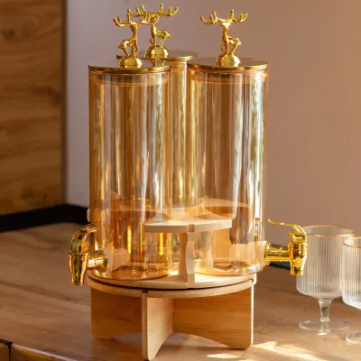 Диспенсер для напоїв потрійний 5,5 л на бамбуковій підставці Диспенсер для напоїв потрійний 5,5 л на бамбуковій підставці