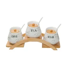 Набор банок для сыпучих продуктов 3 штуки по 500 мл на бамбуковой подставке, белый