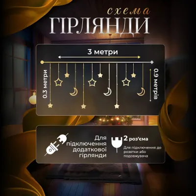 Гирлянда-штора Луна и звезды размер 3*0,9 м 12 фигур, желтый Гирлянда-штора Луна и звезды размер 3*0,9 м 12 фигур, желтый