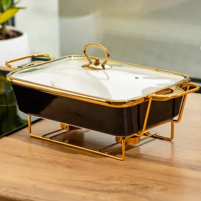 Мармітниця порцелянова прямокутна 1.5 л з підставкою та скляною кришкою, чорний Мармітниця порцелянова прямокутна 1.5 л з підставкою та скляною кришкою, чорний