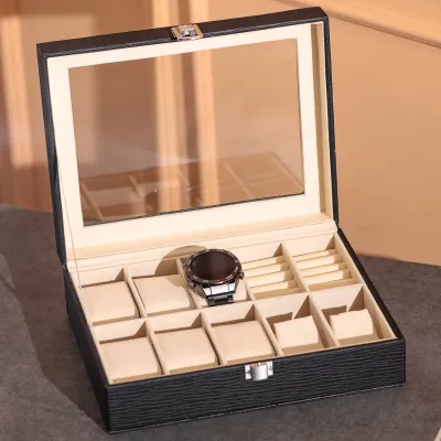 Скринька-органайзер для прикрас та аксесуарів з екошкіри із накидним замком 25,5х20х7,5 см, чорний