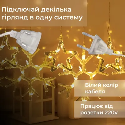 Гирлянда-штора Звезды и снежинки размер 3*0,9 м 10 фигур, желтый Гирлянда-штора Звезды и снежинки размер 3*0,9 м 10 фигур, желтый