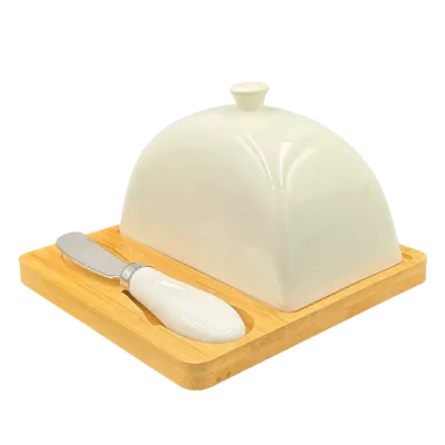 Маслянка порцелянова 15*15*9 см з ножем та бамбуковою підставкою