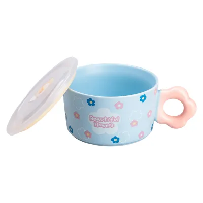 Миска для лапши фарфоровая Flowers 750 мл с герметичной крышкой, голубой