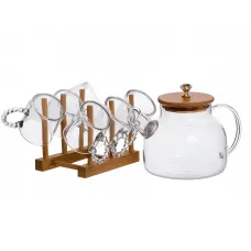 Чайный сервиз из толстого стекла 8 предметов с бамбуковой подставкой для чашек
