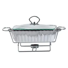 Мармитница фарфоровая прямоугольная 1 л со стеклянной крышкой, хром