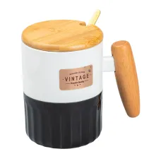 Кружка фарфоровая 400 мл Vintage с бамбуковой крышкой и ложкой, черный с белым
