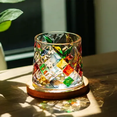 Склянка-дзига для віскі 300 мл з бамбуковою підставкою, мультиколор