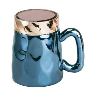 Чашка порцелянова 450 мл у дзеркальній глазурі з кришкою, бірюзовий