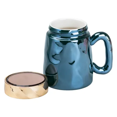 Чашка порцелянова 450 мл у дзеркальній глазурі з кришкою, бірюзовий