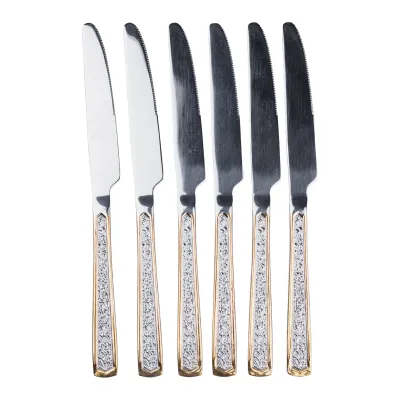 Набор столовых ножей 6 штук с фактурой, хром с золотом