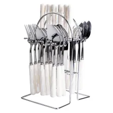 Набор столовых приборов на подставке 24 предмета с фарфоровыми ручками, серебристый