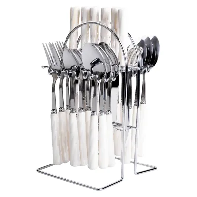 Набор столовых приборов на подставке 24 предмета с фарфоровыми ручками, серебристый