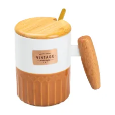 Кружка фарфоровая 400 мл Vintage с бамбуковой крышкой и ложкой, оранжевый с белым